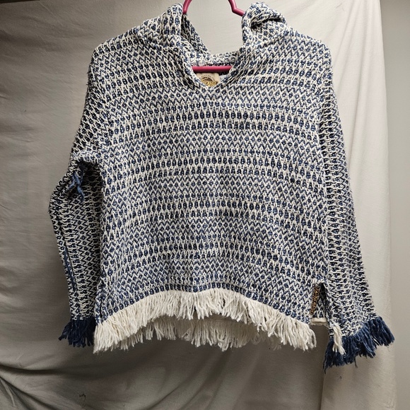 earth ragz Sweaters - Earth Rags knit sweatshirt hoodie pullover blue white frayed baha boho "drug rug